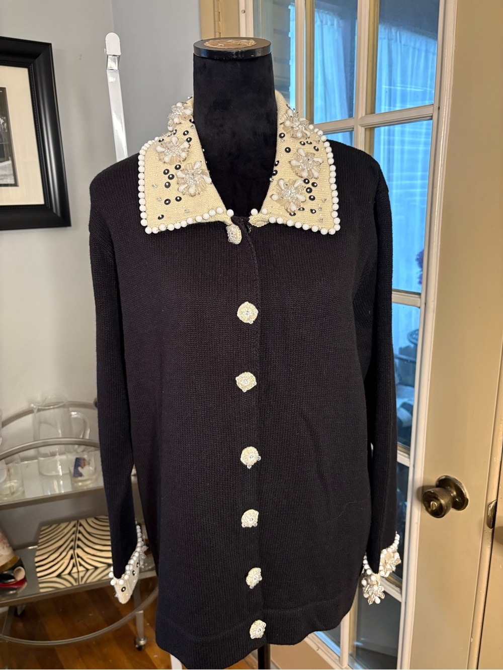 Storybook Knits Black Cardigan with Ivory Beaded Collar